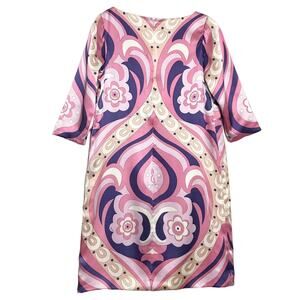 Vintage VICTORIA LOPEZ CASTRO Dress ~M Silk Pink Floral Logo Abstract Geometric